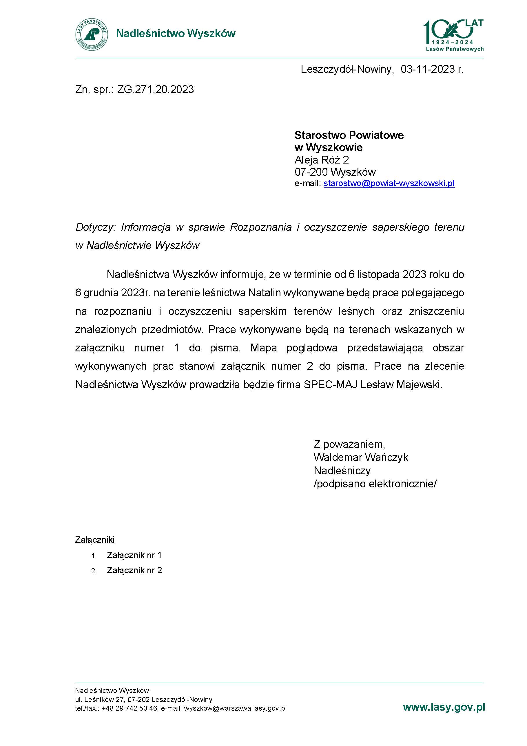 Pismo do Starostwo Powiatowe w Wyszkowie - - informacja w spr. wyk. prac....jpg (256 KB)